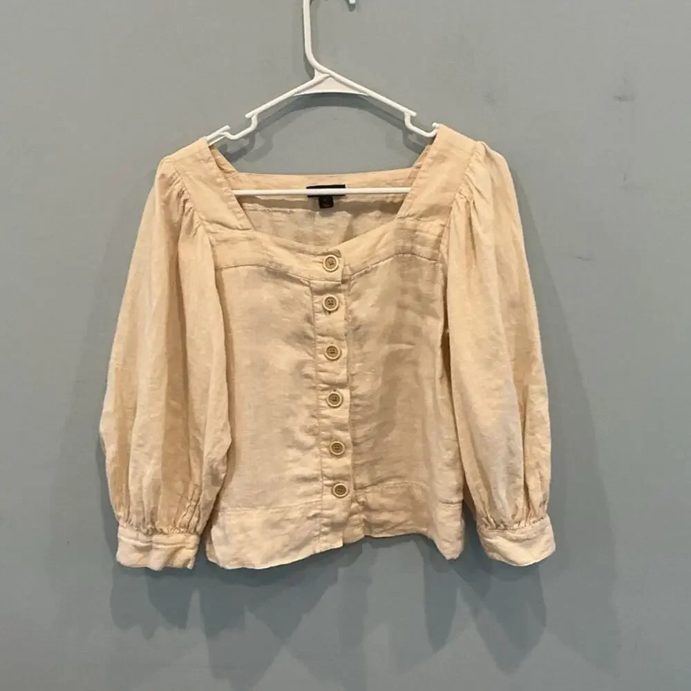 JCrew Womens Linen Button Up Square Neck Top Beige Cottage Romantic Euro Summer - Picture 1 of 7